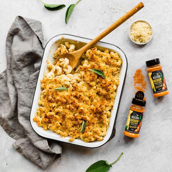 Plant-Based Bacon Mac and Cheese Recipe.  Made with cheesy bacon seasoning instead of real bacon and can be completely vegan.