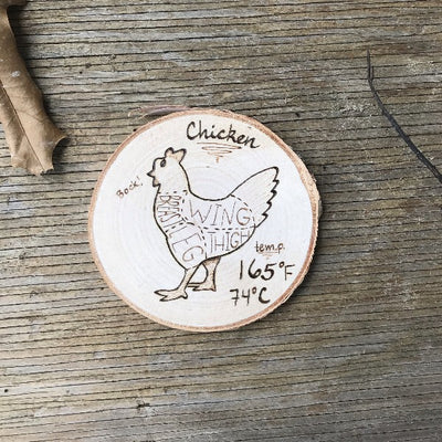 Wood Slice Magnet with a chicken, it's meat butcher cuts, and cooking temperature (165 degrees).  Useful magnet for those times you cook chicken and can't remember what temperature it should cook to for safe consumption.