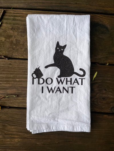 Funny Cat Owner Gifts.  White cotton dish towel with black glitter vinyl design of a cat pushing a coffee cup with quote "I do what I want".  Funny kitchen towel.