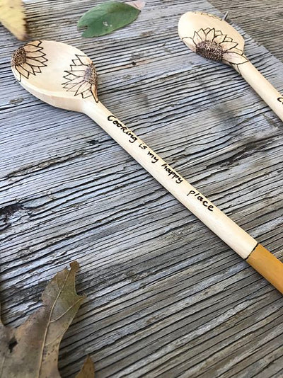 Wood Cooking Spoon with Wood Burned Sunflower Designs.  Unique and Useful Kitchen and Cooking Gifts that can be personalized.