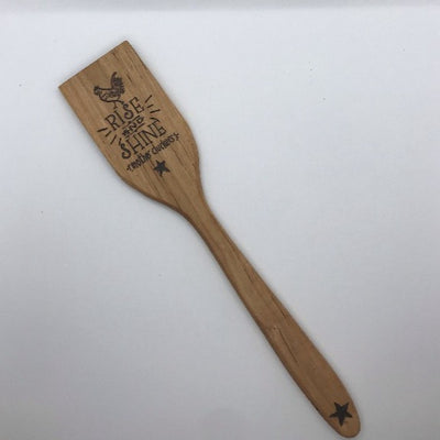 Handmade Wooden Spatula with wood burned design of a rooster and quote "rise and shine mother cluckers".  Unique and fun kitchen gifts!