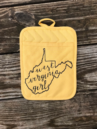 West Virginia state potholder.  This hot pad is yellow with vinyl design of the state of WV.  Great kitchen gift.