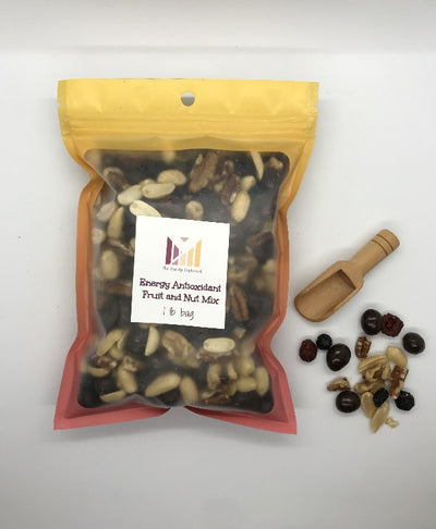 Unique Nut Mixes.  This energy antioxidant mix has equal parts of dark chocolate covered espresso beans, dark chocolate covered peanuts, walnuts, pecans, unsalted peanuts, dried blueberries, and dried cranberries.  The espresso beans are for the energy and each nut has their own antioxidant properties.  Have lb bag and 2 oz snack sized bags.