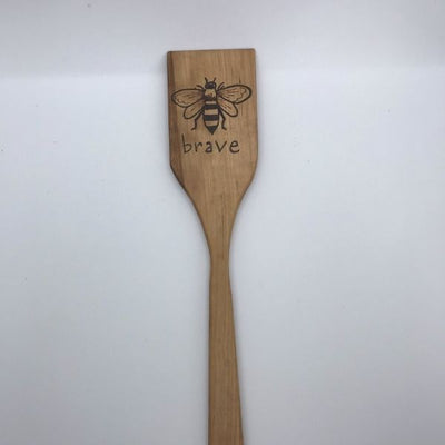 Handmade Wood Spatula with Wood Burned Bumbleebee and word brave under the bee.  Can choose which word you'd like under the bee. Decorative and useful cooking tool.