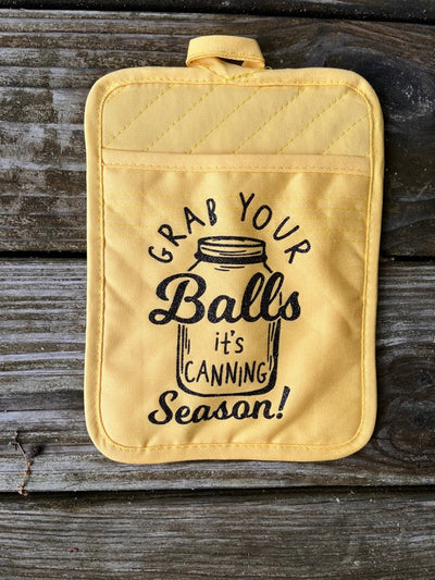 Yellow Pot Holder with vinyl design "grab your balls it's canning season" inside a mason jar