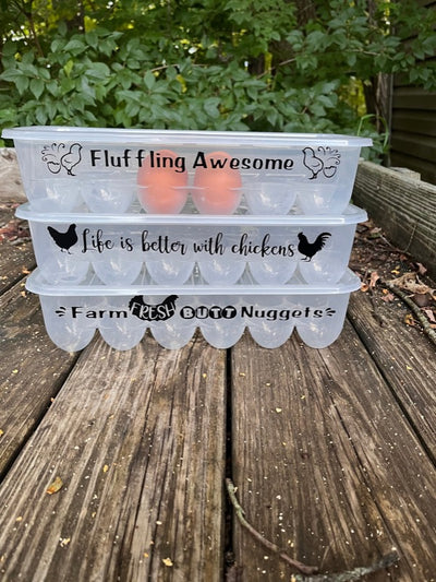 Clear plastic egg holders with vinyl designs on the side that you choose (fluffing awesome, life is better with chickens, and farm fresh butt nuggets).  A useful and unique gift for that chicken lover.  Comes with lid and holds a dozen eggs.