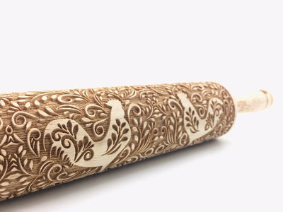 Unique Wooden Rolling Pins with Rooster and Flower Designs.  Makes cookies with rooster and flower designs.  Unique baking gifts!