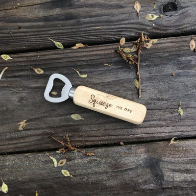 Squeeze the Day Lemon Wood Stainless Steel Bottle Opener.  Beer Lover Gifts.
