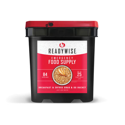 Emergency Food Supply Bucket.  Includes 84 servings of freeze dried foods in case you can't get to the store or have to leave in an emergency.  Breakfast and Entree Meals.  25 year shelf life.