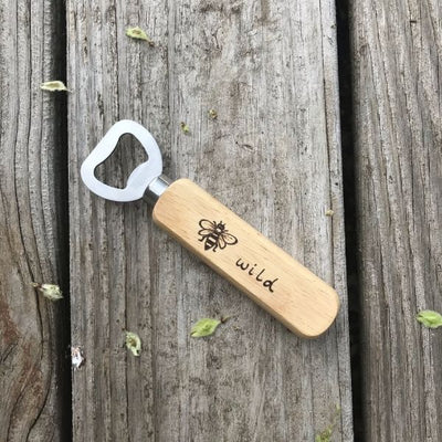 Bee Wild Bottle Opener.  Wooden handle, stainless steel opener.