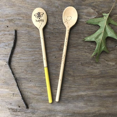 Bee Happy Wooden Cooking Spoon.  Wood Burned Spoon with Farmhouse Style Designs.  Useful Kitchen Gifts.  