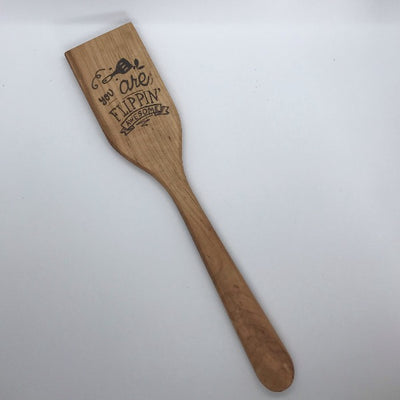 Fun Wood Spatula.  Handmade out of cherry wood with wood burned design "you are flippin awesome" on the spatula.  Can have a personalization along the handle.