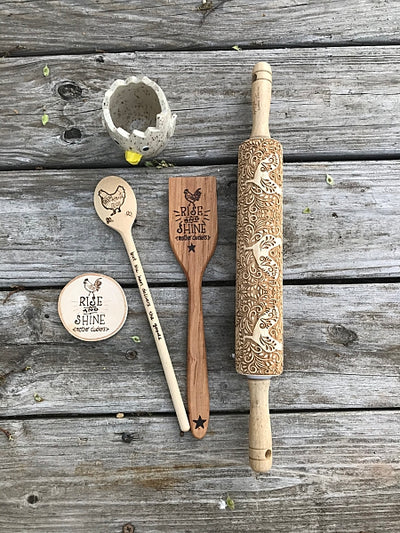 Handmade Farmhouse Kitchen Gift Set.  Includes a wood rolling pin, wooden spatula, wood cooking spoon, a wood fridge magnet, and a pottery egg yolk separator all with rooster or chicken designs.