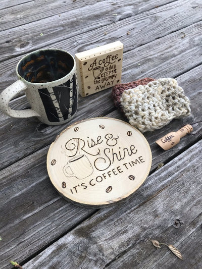Coffee Gift Set.  Includes handmade pottery mug, wood burned coffee sign, wood burned coffee coaster, wood burned 1 teaspoon coffee scoop, and two crocheted brown coffee sleeves/cozies.  Great gifts for coffee lovers!
