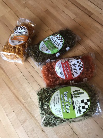Plant Based Pasta Sampler Pack.  Inlcudes 4 bags.  1.  Chickpea Turmeric 2.  green pea wild garlic 3.  red lentil sweet potato 4. bona chia spinach 