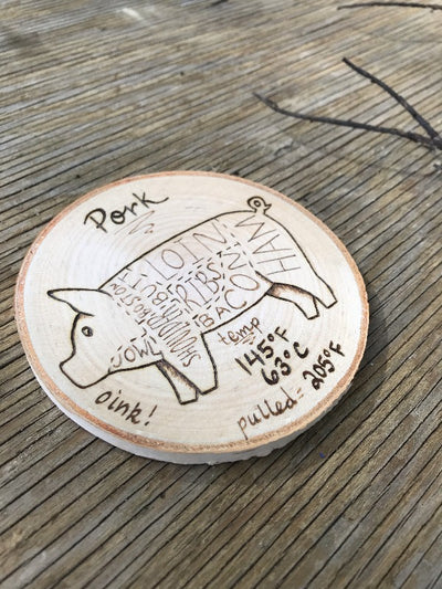Useful and Unique Kitchen Magnet.  Farmhouse Pig with it's meat butcher cuts and cooking temperatures.  Wood burned by hand.  