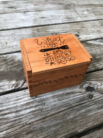 Handmade cherry wood recipe box with wood burned design (what the fork is for dinner?).  Holds 3x5 cards